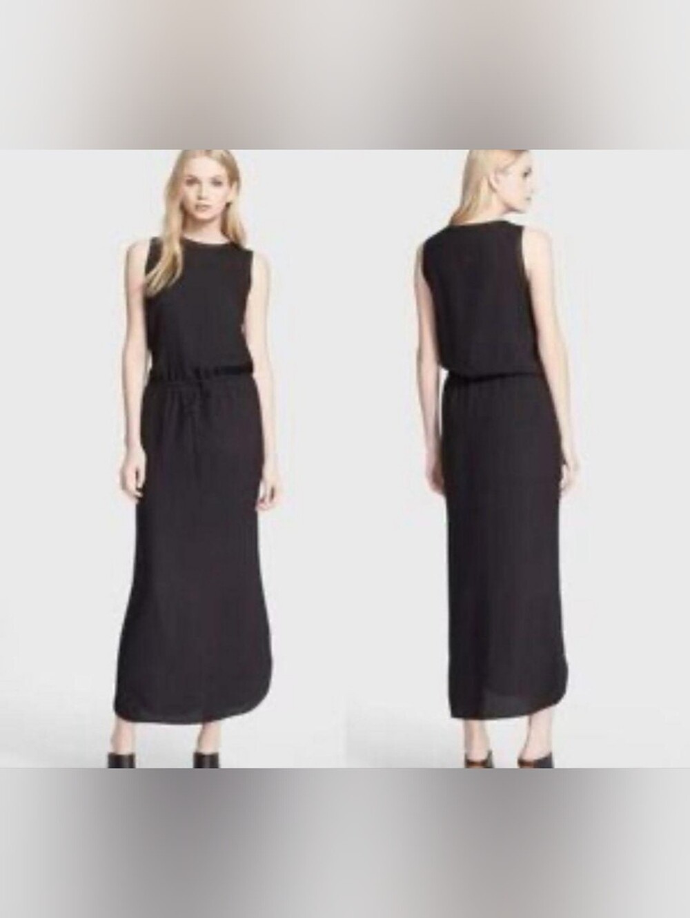 Vince Blouson Black 100% Silk Jacquard Relaxed Maxi Dress Tie Waist Size XXS